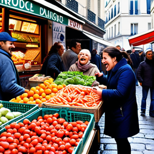 **A vibrant, bustling Parisian market scene. People are laughing and engaging in lively conversation in French while buying fresh produce and local delicacies. The overall atmosphere should convey a sense of immersion and cultural experience.**