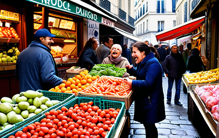 **A vibrant, bustling Parisian market scene. People are laughing and engaging in lively conversation in French while buying fresh produce and local delicacies. The overall atmosphere should convey a sense of immersion and cultural experience.**