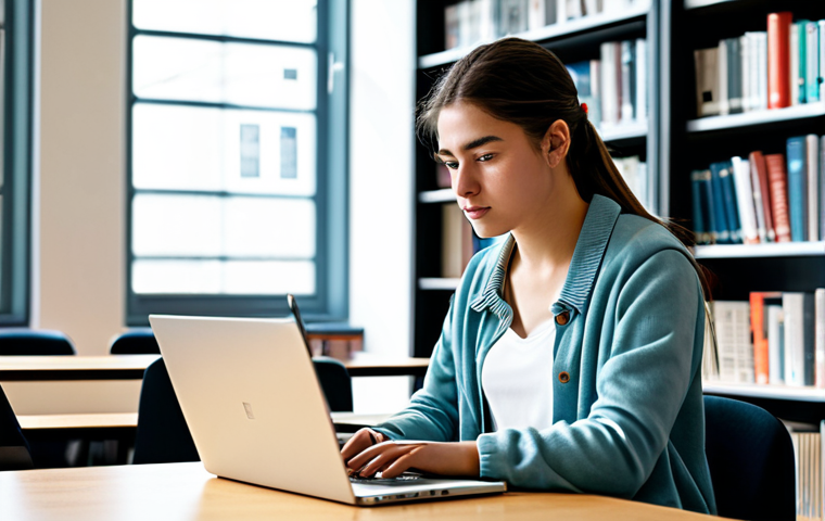 **

"A young, ambitious translation student in a modern, well-lit library, surrounded by books and language learning materials. She is wearing comfortable, stylish clothing appropriate for study. She's focused on her laptop, working on a translation project. The scene is filled with natural light, emphasizing the dedication and focus. Safe for work, appropriate content, fully clothed, professional, perfect anatomy, natural proportions, high quality."

**