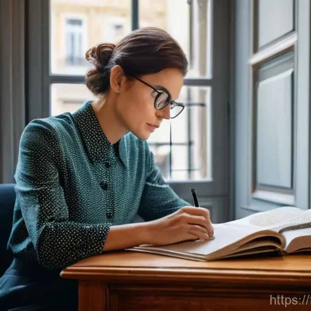 통역사로 성장하는 과정 기록 - **Prompt:** A focused, elegant French woman in her late 30s to early 40s, dressed in smart casual at...