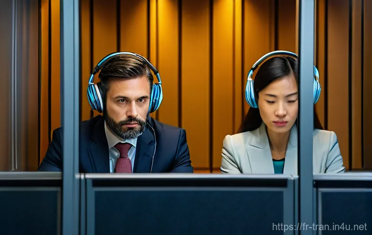 통역사로 성장하는 과정 기록 - **Prompt:** A focused, elegant French woman in her late 30s to early 40s, dressed in smart casual at...