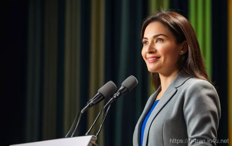 통역사 시험의 실기 평가 기준 - **Prompt: Confident Professional Speaker on Stage, Managing Pressure**
    "A sophisticated and pois...