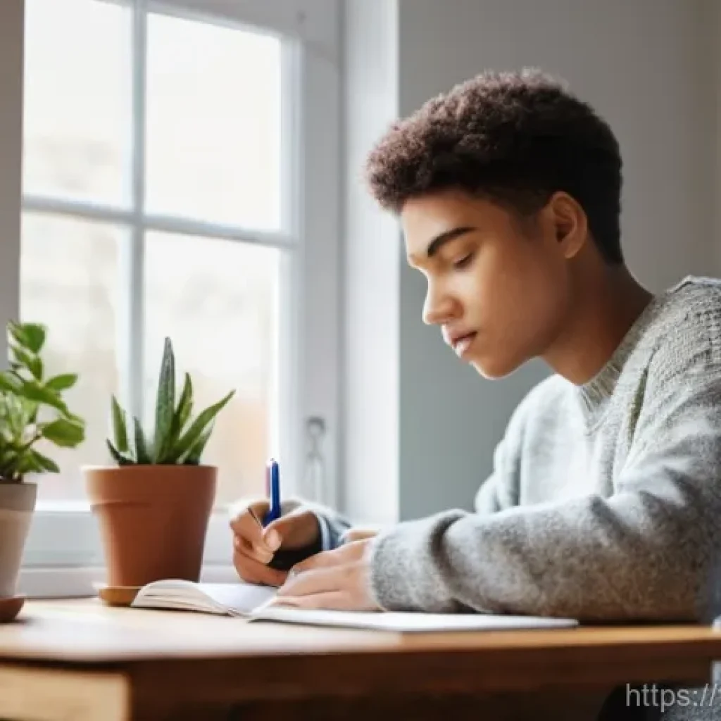 통역사 시험장 스트레스 극복법 - **A Focused Study Session:**
"A young adult, approximately 20-25 years old, sits comfortably at ...
