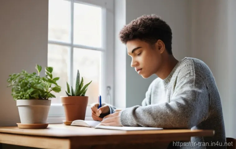 통역사 시험장 스트레스 극복법 - **A Focused Study Session:**
    "A young adult, approximately 20-25 years old, sits comfortably at ...