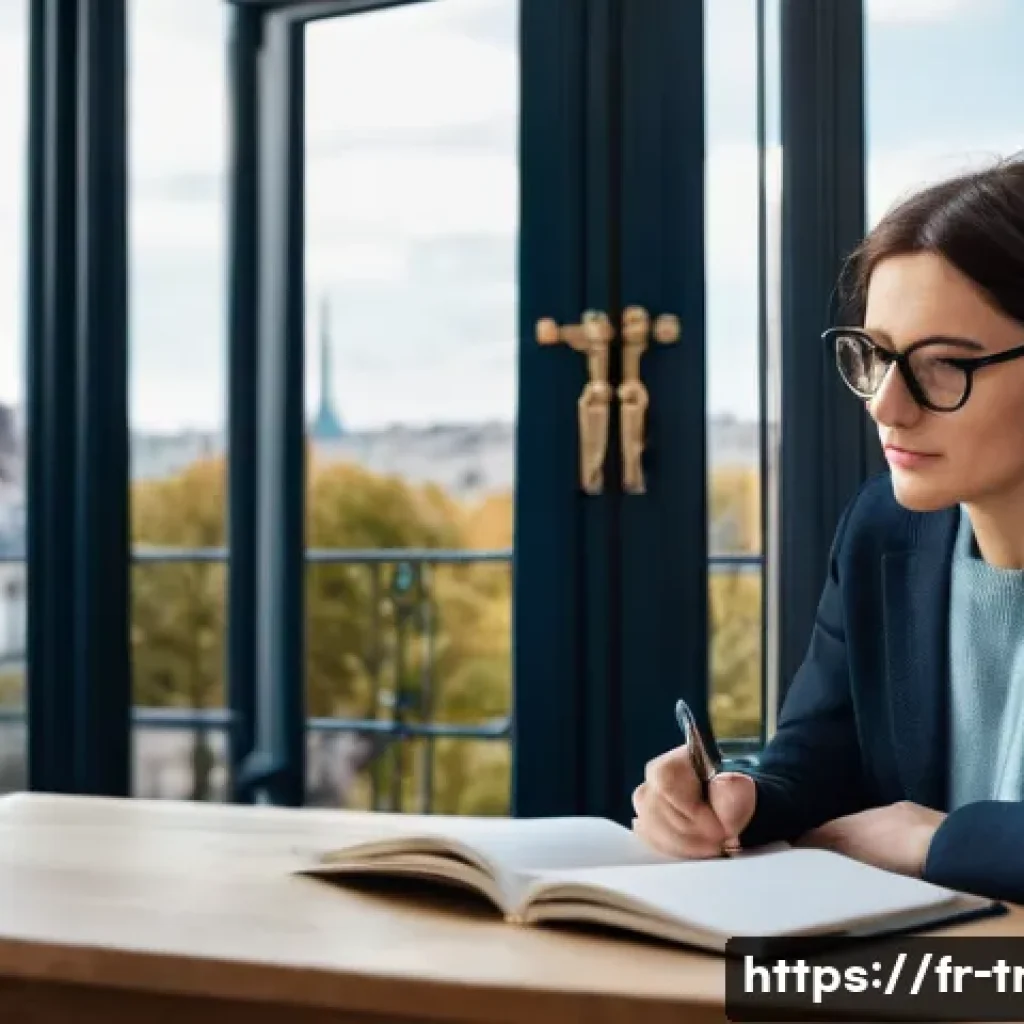 통역사 워라밸 유지 팁 - A professional French interpreter preparing mentally before a mission in a quiet, cozy Parisian apar...