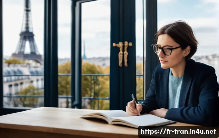 통역사 워라밸 유지 팁 - A professional French interpreter preparing mentally before a mission in a quiet, cozy Parisian apar...