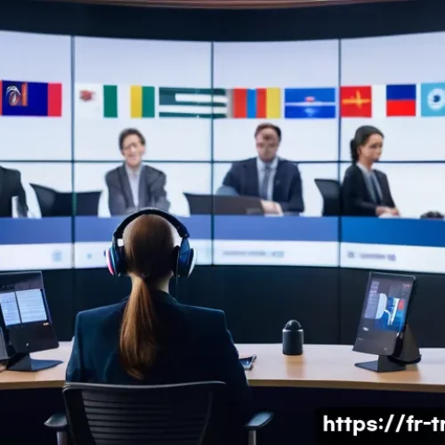 통역사 취업 박람회 준비 팁 - A professional conference scene showing a female interpreter working simultaneously in a modern conf...