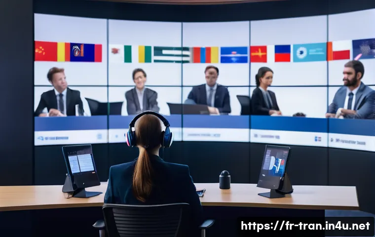 통역사 취업 박람회 준비 팁 - A professional conference scene showing a female interpreter working simultaneously in a modern conf...