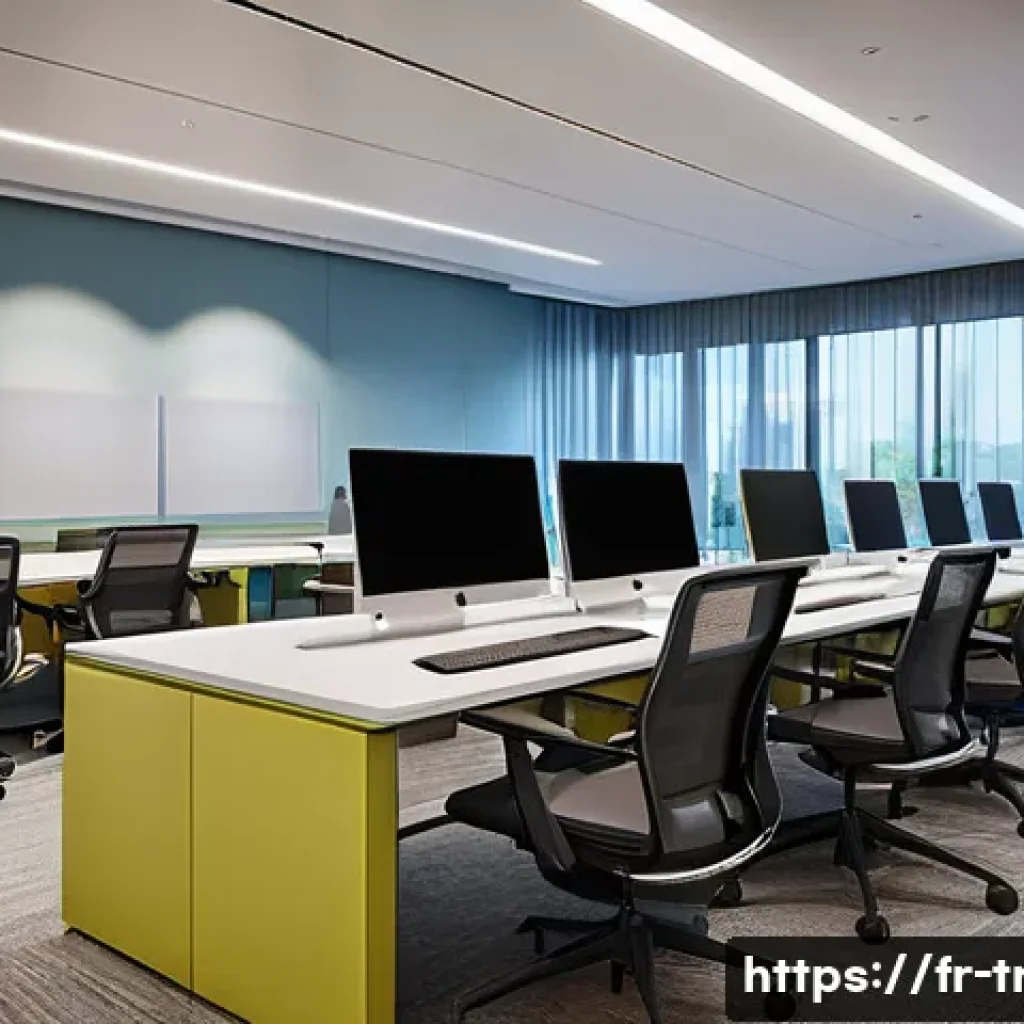 통역사 자격증 시험장 환경 - A modern exam interpretation center interior, featuring spacious ergonomic workstations with adjusta...