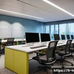통역사 자격증 시험장 환경 - A modern exam interpretation center interior, featuring spacious ergonomic workstations with adjusta...