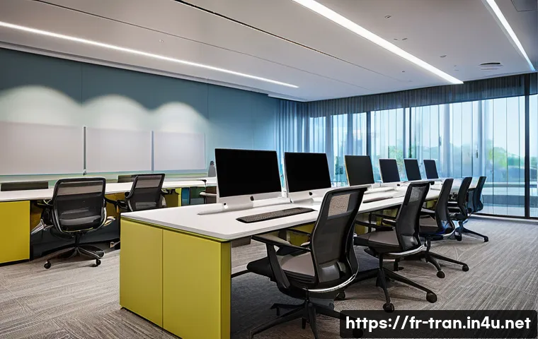 통역사 자격증 시험장 환경 - A modern exam interpretation center interior, featuring spacious ergonomic workstations with adjusta...