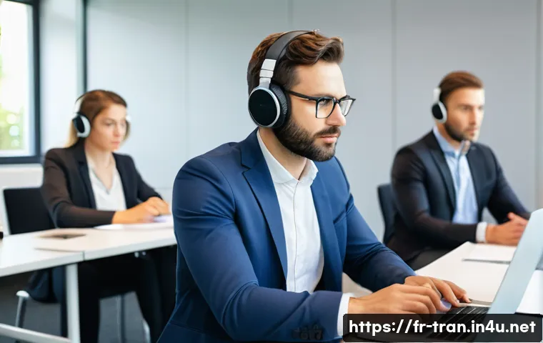 통역사 해외연수 프로그램 - A professional translator attending an intensive workshop in a modern conference room in Berlin, Ger...