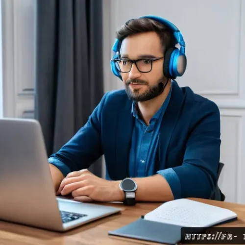 Home 32 통역사 자격증 없이 일하는 법 - A professional freelance interpreter working from a modern home office in Paris, wearing smart casua...