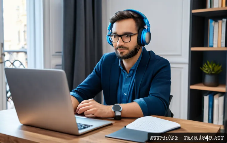 통역사 자격증 없이 일하는 법 - A professional freelance interpreter working from a modern home office in Paris, wearing smart casua...