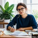 Home 19 통역사 자격증 시험 체크리스트 - A focused young adult woman sitting at a modern study desk in a bright, cozy home office, surrounded...