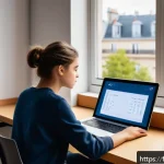 Home 18 통역사 필기시험 대비 모의고사 - A modern study room scene featuring a focused young French student preparing for an interpreting exa...