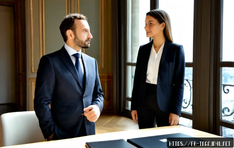 Home 17 통역사 현장 에티켓 - Photorealistic professional conference in Paris, a poised interpreter wearing a discreet headset sta...
