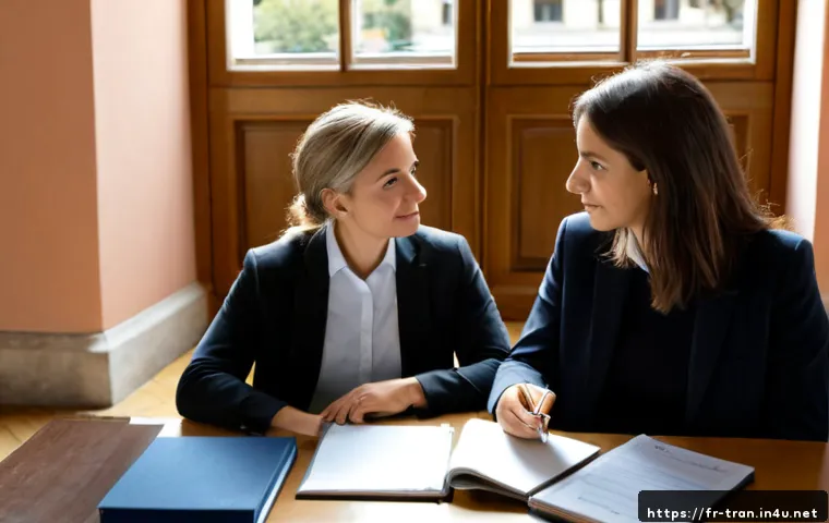 통역사 자격증의 학력 요건 - Photorealistic university guidance meeting in France, a mature female student discussing interpreter...